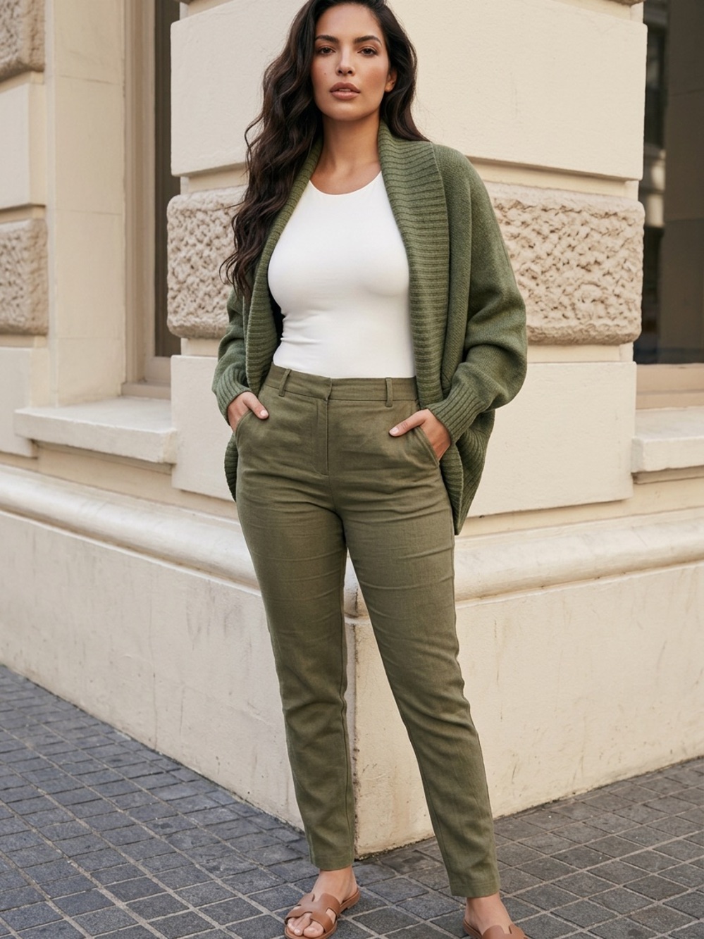Elan Olive Ribbed Shawl Collar Open Cardigan